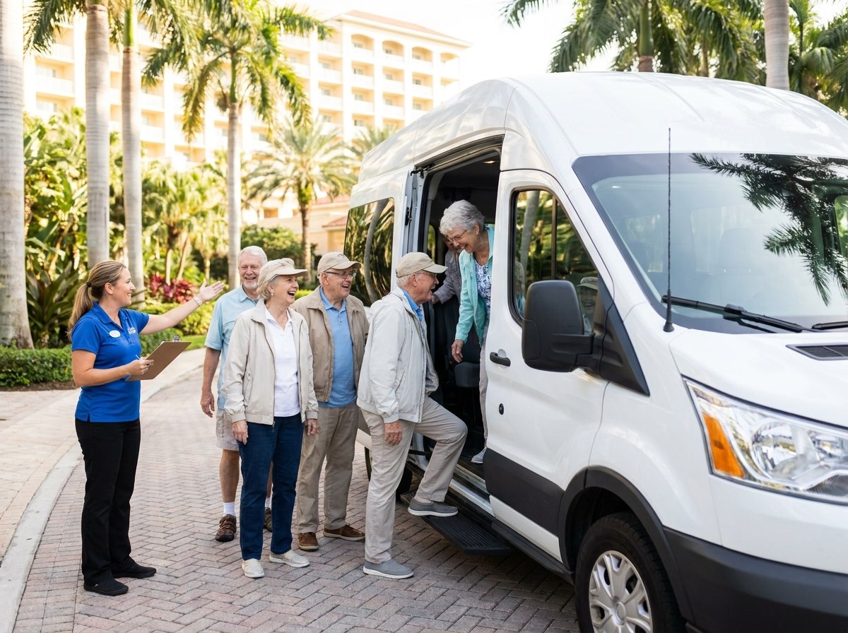 Grupo abordando el transporte para una excursión guiada